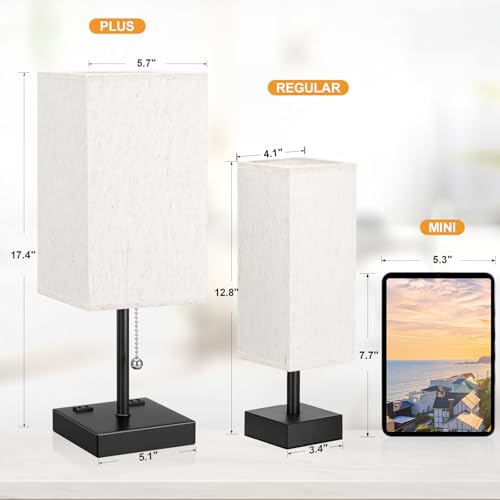 Image of Bedside Lamp for Bedroom - 3 Color Temperatures, USB A+C, 2 AC Outlets | Pull Chain Switch, LED Bulb Included, Cream Fabric Shade, 17.4 inch Table Lamp for Nightstand, Desk, Living Room, Office