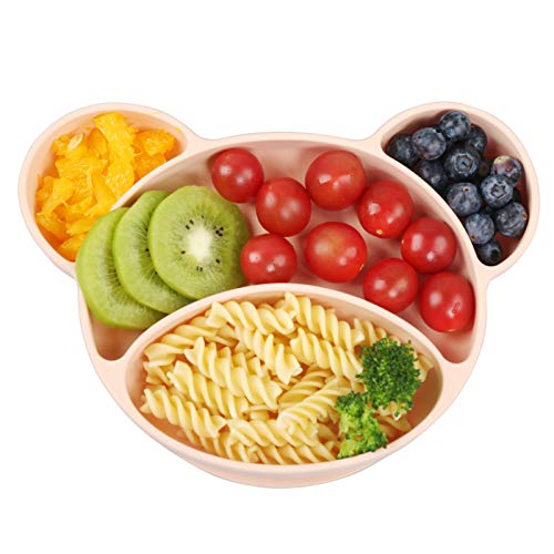 Plato Bebe Ventosa, NEWSTYLE Plato Antideslizante Plato de Alimentación Platos de Silicona para Bebe Ventosa Vajilla Platos Seguro en lavavajillas microondas - 23x16x3,5 cm (Pink) Cover