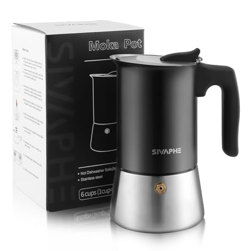 Sivaphe Espressokocher Induktion, Herd Espressomaschine, Edelstahl Espressokanne Mokkakanne Espresso Maker, Aluminiumfrei 6 Tassen 300ML Schwarz Sivaphe Espressokocher Induktion, Herd Espressomaschine, Edelstahl Espressokanne Mokkakanne Espresso Maker, Aluminiumfrei 6 Tassen 300ML Schwarz