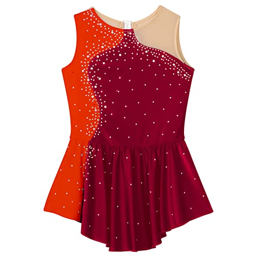 Yuumin Girls Ice Skating Dress Competition Dance Dress Shiny Rhinestone Ballroom Dancewear Tutu Skirted Leotard Burgundy 14 Years #TOP2