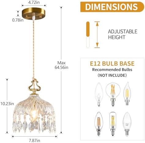 JXJYHL Brass Vintage Glass Pendant Light Crystal Hanging Light Fixtures,Adjustable Height Single Head Pendant Lights for Dining Room Living Room Bedroom Hallway(1-Pack)