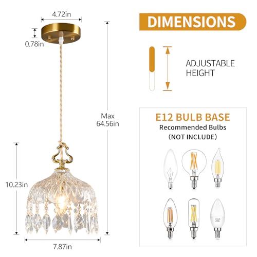 JXJYHL Brass Vintage Glass Pendant Light Crystal Hanging Light Fixtures,Adjustable Height Single Head Pendant Lights for Dining Room Living Room Bedroom Hallway(1-Pack)