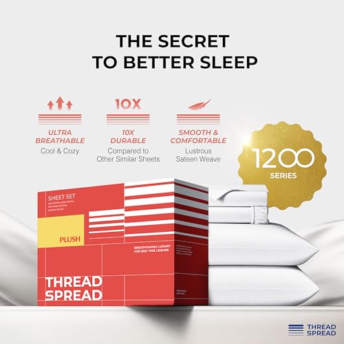 Image of THREAD SPREAD 100% Egyptian Cotton Queen Size Sheet Set Pack of 2 - Luxury 1200 Series Plush Collection Egyptian Cotton Sheets Queen Size Silky Soft Cooling, Sateen 17 inch Deep Pocket Bedsheets - White