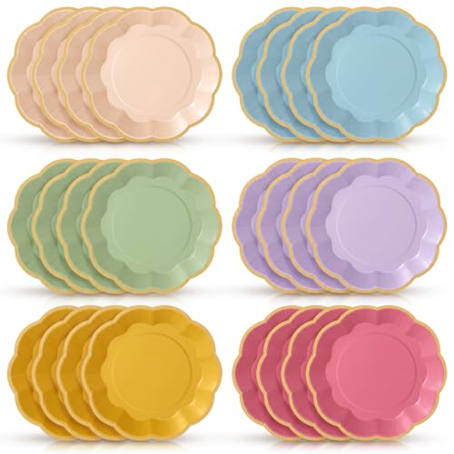 Tiangrid 72 Pcs Daisy Flower Paper Plates Pink and Green Yellow Wildflower Colorful Scalloped Paper Disposable Plates for Dinner Dessert Baby Shower Spring Daisy Theme Birthday Party Decorations