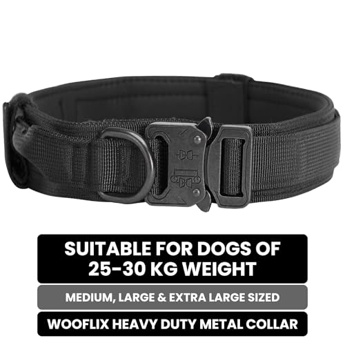 Image of Wooflix Metal Dog Collar for Training and Walks | Nylon Collar with Tactical Metal Buckle and D-Ring for Medium and Large Dogs | Dog Collar for Heavy Breed Dogs (Black, Medium)