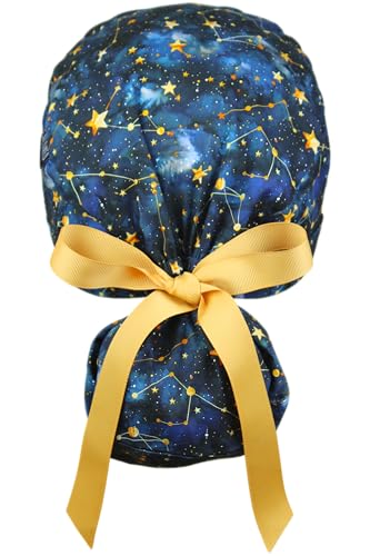 Image of Scrub Cap for Women and Men, Ponytail Scrub Caps, Working Hat, Head Cover with Ribbon Ties and Buttons, Long Hair