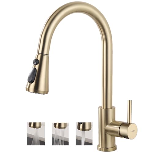 Tondiy Grifo de Cocina Extraíble Oro con 3 Modos, Mezclador de Fregadero con Ducha Extensible, Grifería Monomando con Caño Giratorio 360°, Acero Inoxidable 304, Alta Presión, Dorado