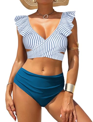 ZAFUL Women High Waisted Bikini Sets Two Piece Ruffle Swimsuit Cross Cutout Ruched Bathing Suit
