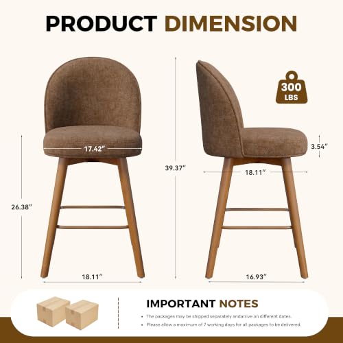 Image of Modern Swivel Bar Stools Set of 2, Chic Upholstered Counter Height(26IN) Bar Chair with Back, Solid Wood Legs and Footrest, Comfortable Chenille Bar Stool for Kitchen Island, Chestnut Brown