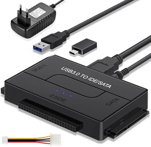USB 3.0 zu IDE/SATA Festplatten Adapter mit 12V Netzteil 2 5/3 5 Zoll IDE USB Adapter & Festplatten Adapter USB für HDD SSD CD-ROM DVD Unterstützt bis 6TB Kompatibel mit Windows/Mac/Linux