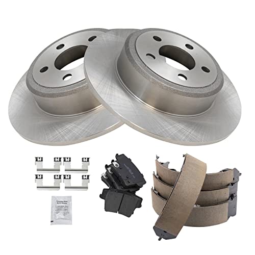 Image of TRQ Rear Brake Pad and Rotor Set Ceramic Solid Rotors Parking Shoe Compatible with 2005-2021 Chrysler 300 2009-2021 Challenger 2006-2021 Charger 2005-2008 Magnum