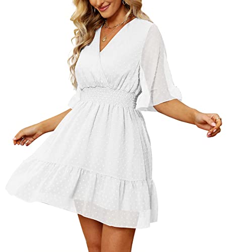 SAMPEEL Vestido feminino casual de verão com gola V e bainha com babados, 00 - Branco, P