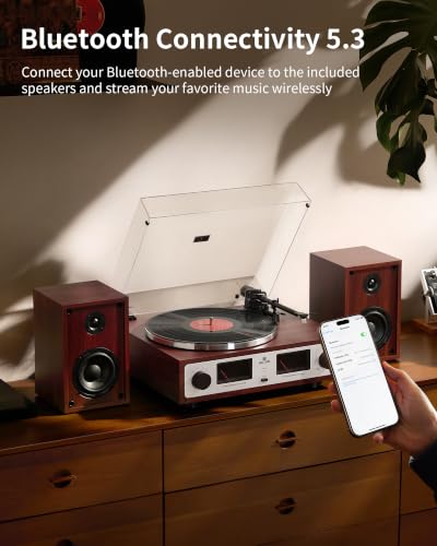 Image of ANGELS HORN Vinyl Record Player with Speakers, Bluetooth Hi-Fi Turntable | Built-in Phono Preamp, Belt Drive 2-Speed, Adjustable Counterweight, Pitch Control