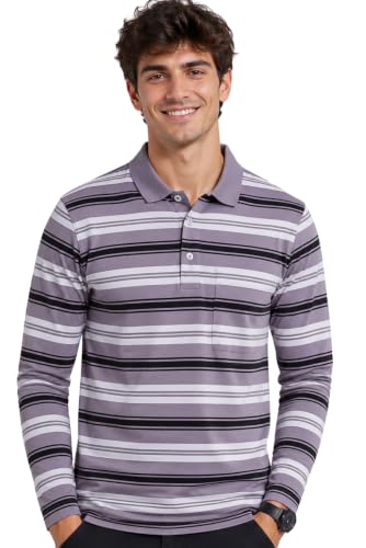 Image of SANE ORIGINALS Full Sleeves Polo Collar Tshirt for Men with Pocket || Stripe Collar and Pocket Tshirt for Men Long Sleeves Navy Blue
