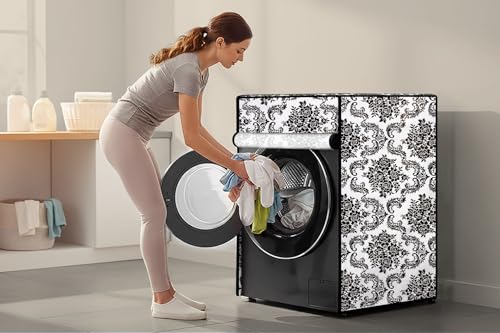Image of Stylista Washing Machine Cover Compatible for Bosch 8 kg Front Load WAT24463IN Floral White & Black