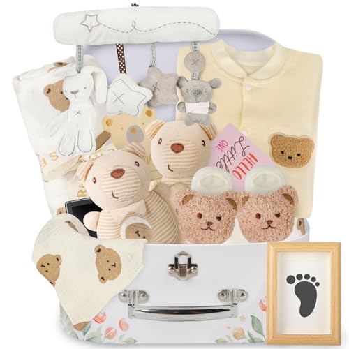 BuntWunder Regalo Bebe Recien Nacido, Canastilla Bebe Recien Nacido, Baby Shower Niño Niña, Bebe Regalo Set con Mameluco Bebe, Bebe Sonajero, Calcetines