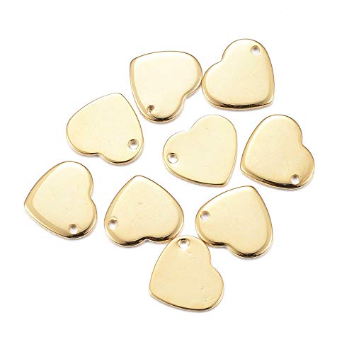 FASHEWELRY 100Pcs Gold Heart Blank Stamping Tags Stainless Steel Tiny Flat Charm Pendants 11x10mm with Hole for Jewelry Necklace Bracelet Craft Making