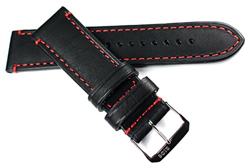 Bracelet de montre en cuir 24 mm RIOS1931 noir couture rouge style pilote