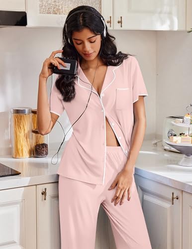 Image of Ekouaer Pajamas for Women Set Button Up Soft Pjs Short Sleeve 2 Piece Lounge Sets Comfy Sleepwear