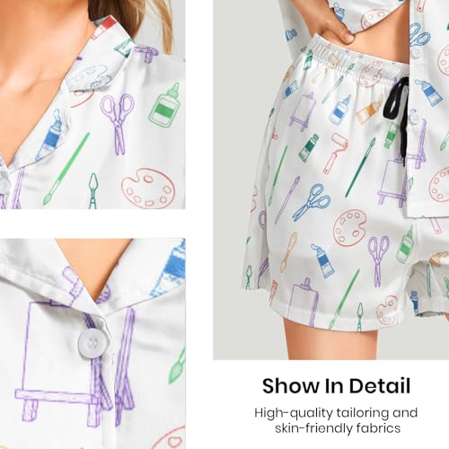 Image of Funny Pajamas for Women Set Print Satin Loungewear Pjs Short Sleeve Button Down Top and Shorts Sets Sleepwear XS-3XL