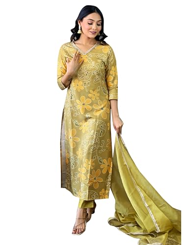 Image of Naixa Women's Lemon Rayon Blend Embroidered and Printed Straight Kurta with Rayon Blend Pant and Organza Dyed Dupatta Sets (NX-510)