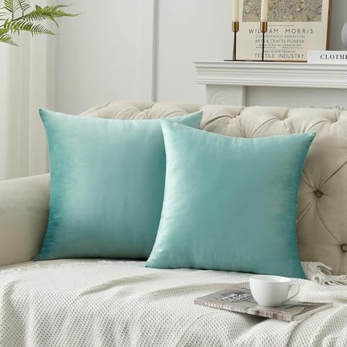 Image of 2 Piece Reversible Velvet Cushion Cover, 24x24 inch, Deep Teal | Soft Solid Decorative Throw Square Pillow Cases Modern Luxury Home Decor for Couch Sofa Bedroom Livingroom