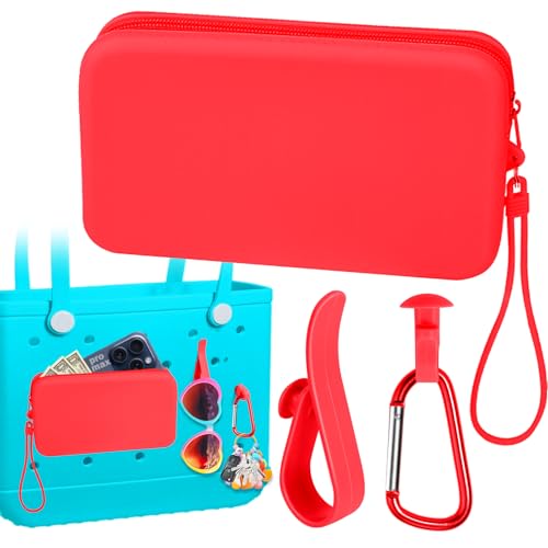 Image of Mity rain Silicone Wallet for Bogg Bag Phone Holder, Accessories Set for Bogg Bag Contain 2PCS Key Holder and a Large Capacity Silicone Zipper Bag for Beach Bags Tote Bag (Red)