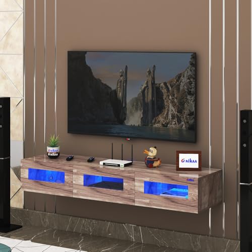 Image of Anikaa Rayza Wall Mount Modern Floating TV Unit for Living Room | 3 Closed Storage cabinets with hinged Door - 3 Blue LED Light | Ideal for UP to 65 Inch TV Coachwood Finish - DIY Installation