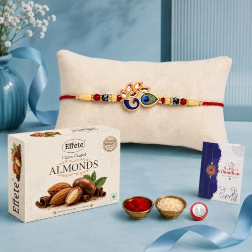 Image of DeoDap Rakhi for Brother with Choco Coated Almonds 32gm, Peacock Design, Pooja Coin, Roli Chawal & Card | Rakhi with Chocolate Combo for Raksha Bandhan
