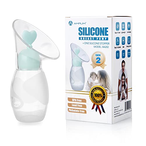 Image of Amplim Gen-2 Silicone Breast Milk Collector | 1-Pack Food Grade Travel Manual Breast Pump with Breastfeeding Milk Saver Stopper | FSA HSA Eligible, BPA PVC Lead and Phthalate Free | 4oz/100ml Blue