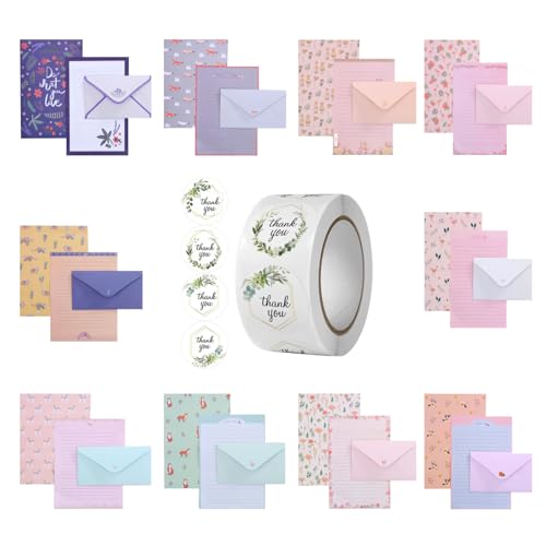 Xugoox Stationary Paper and Envelopes Set, 60Pcs Letter Writing Paper and 30Pcs Envelops with 500Pcs Sealing Stickers, Cute Stationary Set for Invitations Gifts Holiday Wishes (10 Sets)