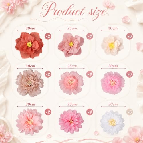 Image of Cholemy 24 Pcs Tissue Paper Flowers, Crepe Paper Flowers Decorations 8 inch 10 inch 12 inch for Wedding Party Baby Bridal Shower Carnival Party Birthday Nursery Wall Decor (Dusty Pink,Peach)