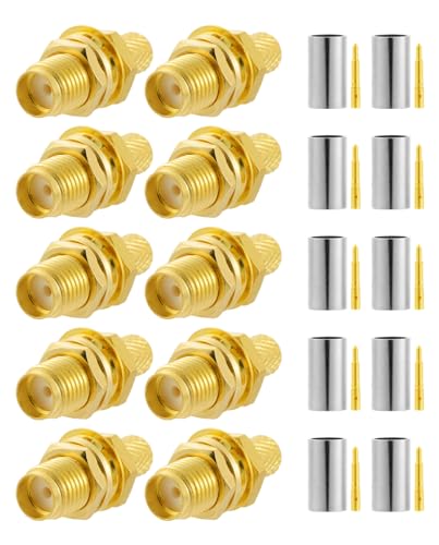 POBADY 10 PCS RP SMA Connectors RP SMA Female Bulkhead with Male Pin Crimp Connector for RG58 RG142 RG400 VLMR195 RF Coax Cable