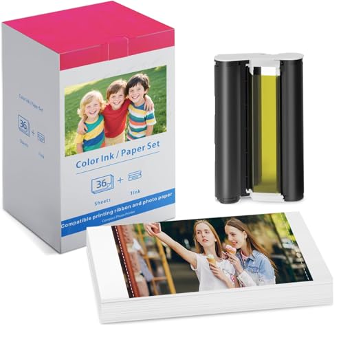 Color Ink Paper Set KP-108IN 4X6 108 Sheets, Compatible with Canon Selphy CP1500 CP1300 Ink and Paper, KP-108IN KP108 for Selphy CP1500 CP1300 CP1200 CP1000 CP910 CP900 CP810 1 Ink+36 Sheets Photo