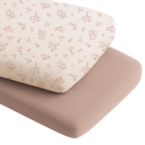 Image of Konssy 2 Pack Muslin Bassinet Sheets for Boys, Girls, 100% Cotton Soft Breathable Fitted Bassinet Mattress Sheet, 33 x 21 inches (Soft Blooms,Taupe)
