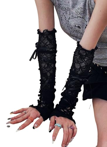 Amazleer Lace Fingerless Gloves Long Mesh Lolita Gothic Y2K Tulle Ballet Tie-Up Gloves Halloween Wedding Bridal Prom Party (Black Onesize)