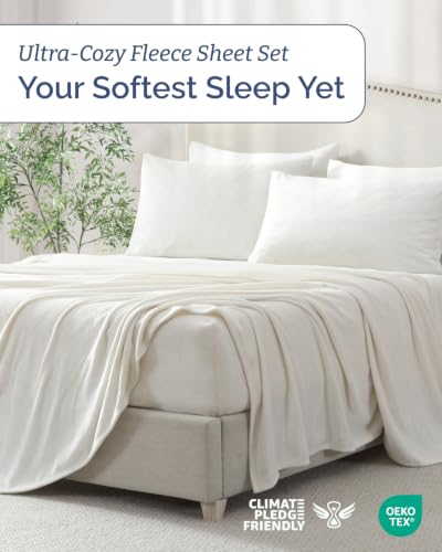 Image of Fleece Sheets Cal King Size Set - 4-Piece Velvet Flannel Sheet Set - Ivory