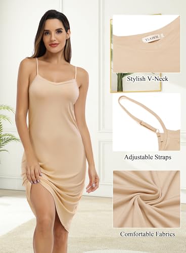 Vlazom Damen Unterkleid mit Trägern Lang Sexy Negligee Unterröcke Nachthemd Sleepwear Sommer（S，Hautfarben）