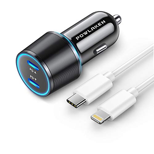 Updated Version USB C Car Charger, POWLAKEN 36W 2-Port Fast PD Car Charger with Dual 18W Power Delivery Compatible with iPhone 11/11 Pro/11 Pro Max, Galaxy Phone and More (3.3ft USB C Cable Included)