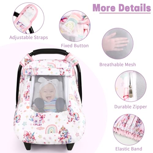 Image of Car Seat Cover Baby, HNHUAMING Infant Car Seat Covers Canopy for Baby Girl Boy, Cozy & Windproof Unicorn Newborn Carseat Covers Minky Dot Backing Stroller Cover with Breathable Mesh Window, Rainbow
