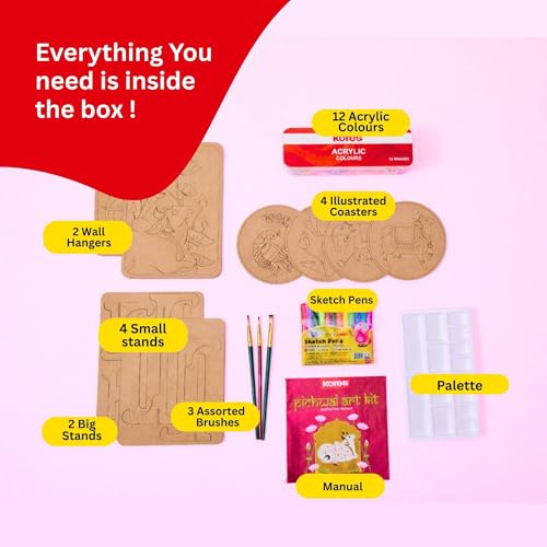 Image of Kores Pichwai Art Kit for Kids (Age 5+) | DIY MDF Painting Kit with Acrylic Colours, Coasters, Hangers, Brushes & Palette | Indian Traditional Art & Craft Set