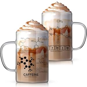 Layhit Chemistry Glasses, Caffeine Beaker Mug Thick Glass Mug for Coffee Borosilicate Glass Mug with Chemistry Molecules Graduated Chemistry Glassware with Handle 17 oz Pharmacy Science Gift (2 Pack)