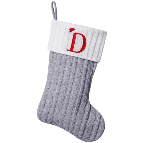 Yehnois 19"Personalized Grey Knit Christmas Stockings,Embroidered Initial D