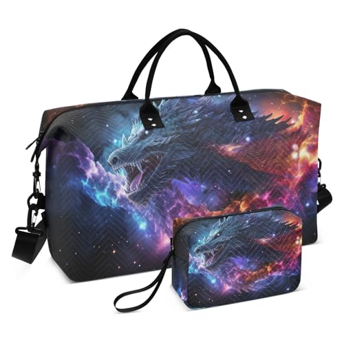 Dragon Galaxy Black Large Travel Duffel Bag, Sports Tote Gym Bag, Shoulder Weekender Overnight Bag for Women Men, Carry On Luggage with Toiletry Bags
