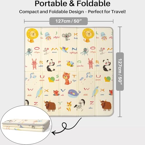 Hibtn Baby Play Mat 2 Side, Foldable Baby Playmat, Kids Large Foam Anti-Slip Crawling Soft Blanket, Folding Waterproof Floor Carpet (127 x 127 x 1cm)