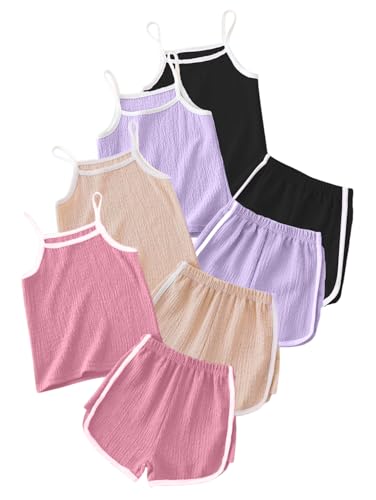 Image of Girls 8 Pieces Summer Outfits Casual Cami Tank Top and Dolphin Shorts Clothing Sets 4-8Y