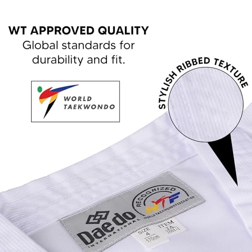 Daedo Taekwondo Beginner Uniform - WT Recognized, International Standards, White V-Neck, Includes Pants & Belt, Height - 120 cm