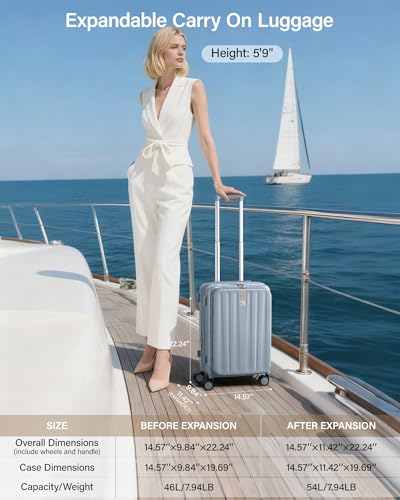 Image of Hanke 56cm Expandable Cabin Trolley Bag, 15.6 Inch Laptop Compartment, Top Opening Hard Shell Polycarbonate, 8 Durable Silent Spinner Wheels, Lightweight Carry On Suitcase for Women,Grey