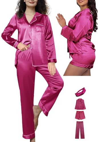 Womens 4Pcs Satin Pajamas Set Silk Pajama Sets Silky Sleepwear Long Pj Set Loungewear Soft Pjs Nightwear XS-XXL