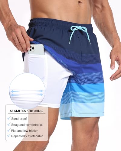 Image of Mens Swim Trunks with Compression Liner 2 in 1 Quick Dry Swimming Shorts Swimwear Bathing Suits with Pockets, Stripe Dark Blue, M